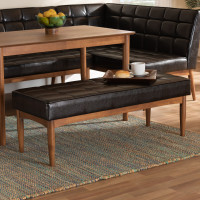 Baxton Studio BBT8051.11-Dark BrownWalnut-Bench Baxton Studio Sanford Mid-Century Modern Dark Brown Faux Leather Upholstered and Walnut Brown Finished Wood Dining Bench